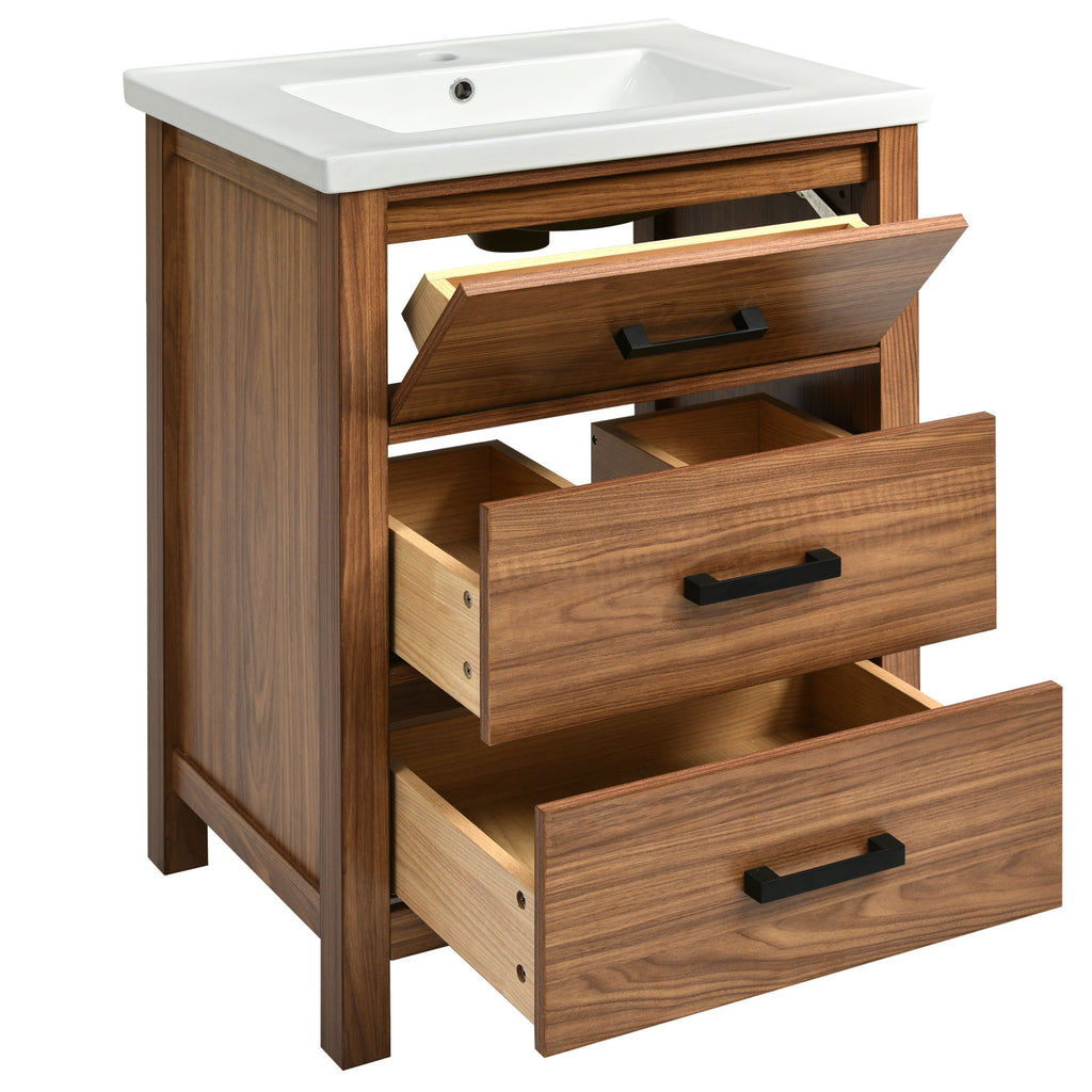 Leoglint 24'' Bathroom Vanity with Ceramic Basin Sink, Modern Bathroom Storage Cabinet with 3 Drawers, Freestanding Bathroom Vanity Cabinet with Single Sink