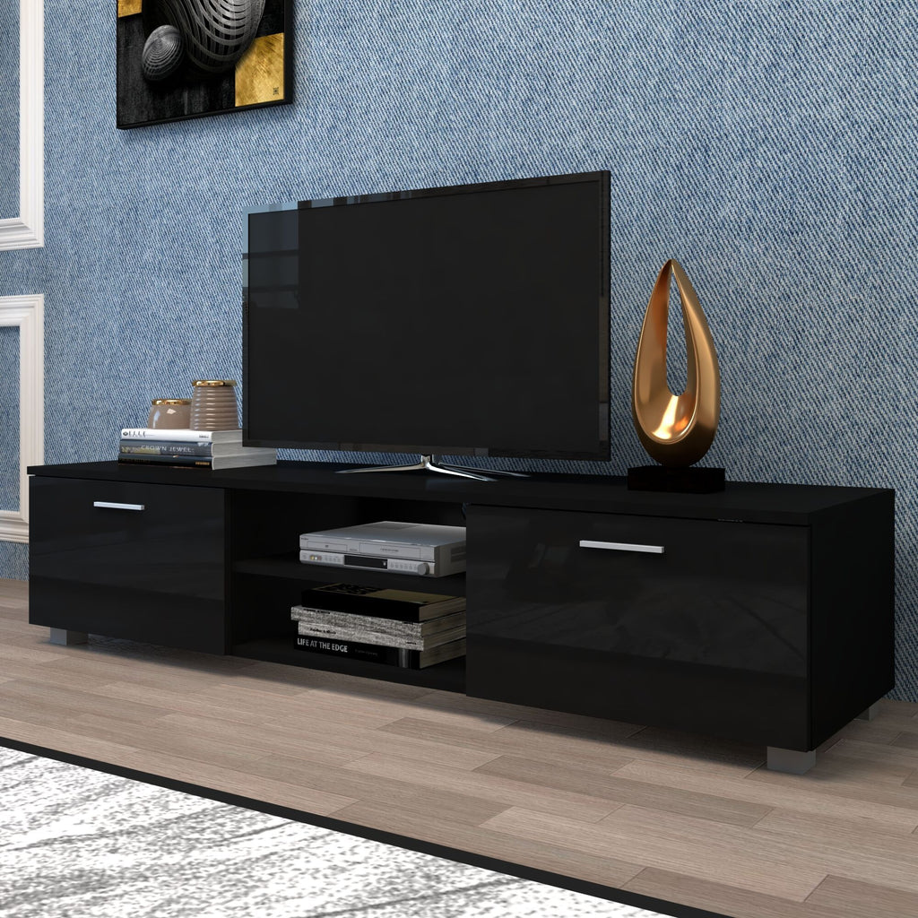 Leoglint Black TV Stand for 70 Inch TV, Media Console Entertainment Center Television Table, 2 Storage Cabinet with Open Shelves for Living Room Bedroom