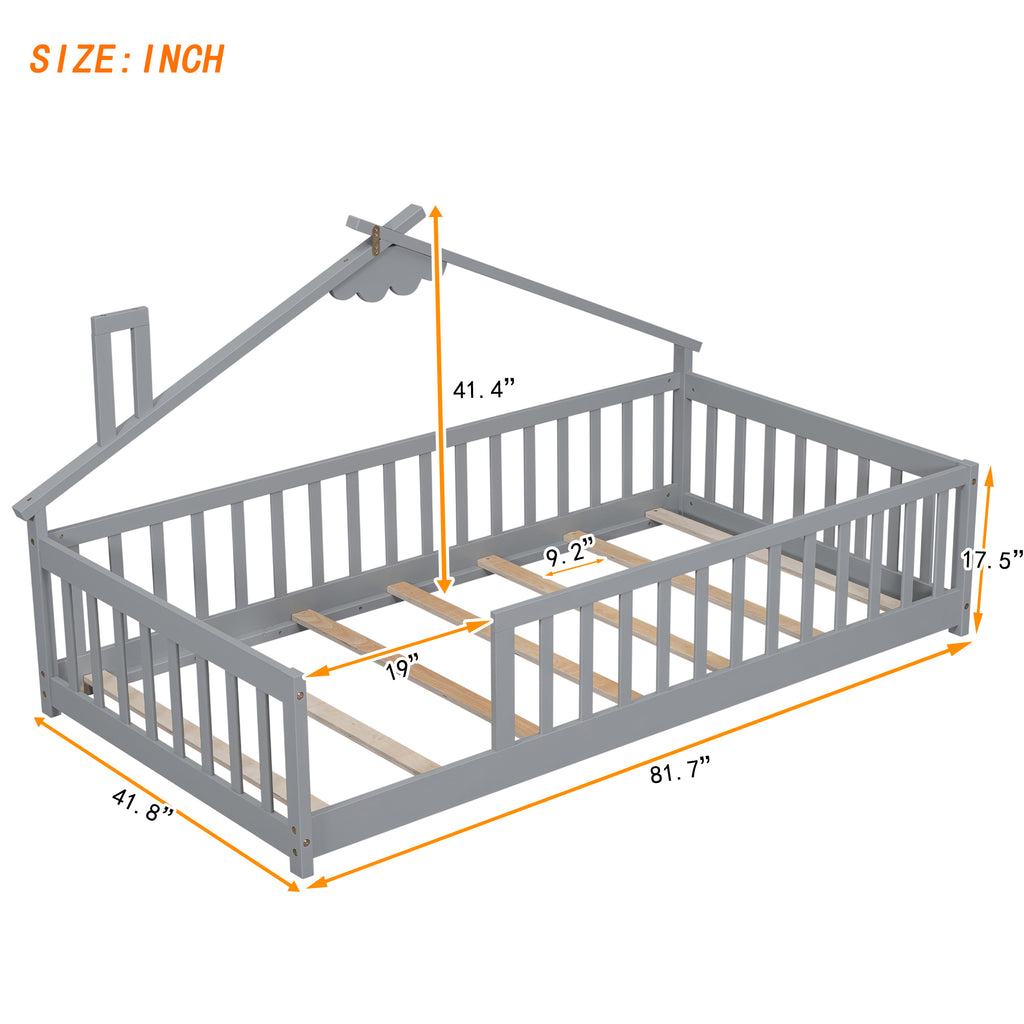 Leoglint Twin House-Shaped Bedside Floor Bed Frame with Guardrails, Slats, without Door ,Grey