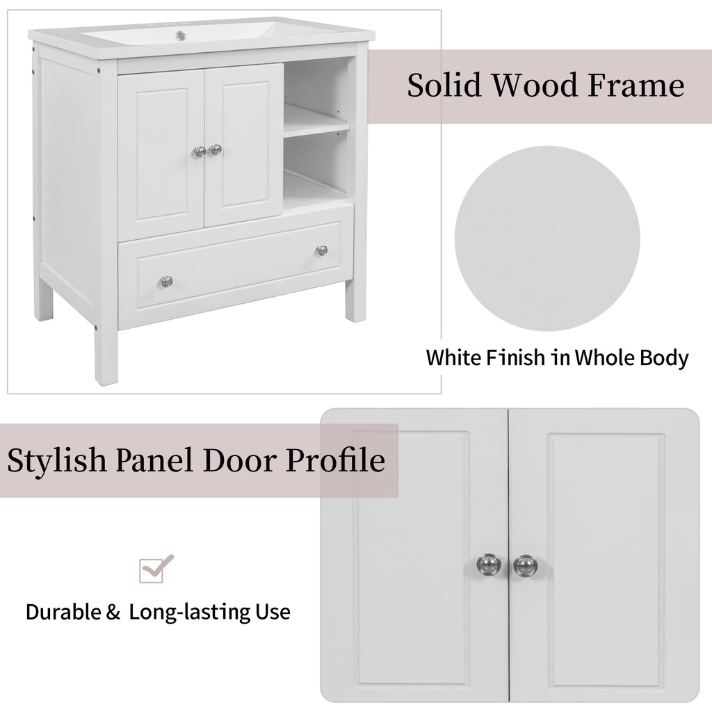 Leoglint 30" Bathroom Vanity Base Only, Solid Wood Frame, Bathroom Storage Cabinet with Doors and Drawers, White