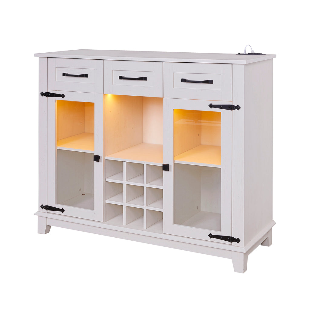 Leoglint 42" Modern Farmhouse Sideboard Buffet Coffee Bar Cabinet Storage Cabinet with LED Charging Station, Wine & Glass Rack,3 Drawers, for Kitchen, Dining Room, Living Room Antique White