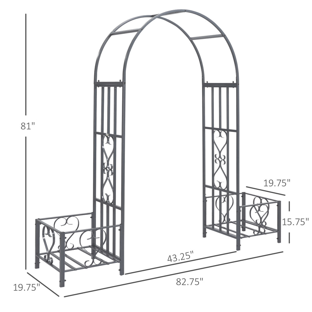 Leoglint 6.7' Steel Garden Trellis Arbor with Scrollwork Hearts, Planter Boxes for Climbing Vines, Ceremony, Weddings, Party, Backyard, Lawn, Dark Gray