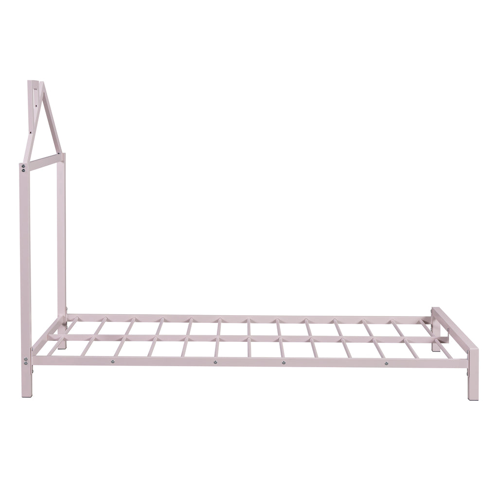 Leoglint Twin Size Metal Platform Bed Frame with House-Shaped Headboard Design, Pink