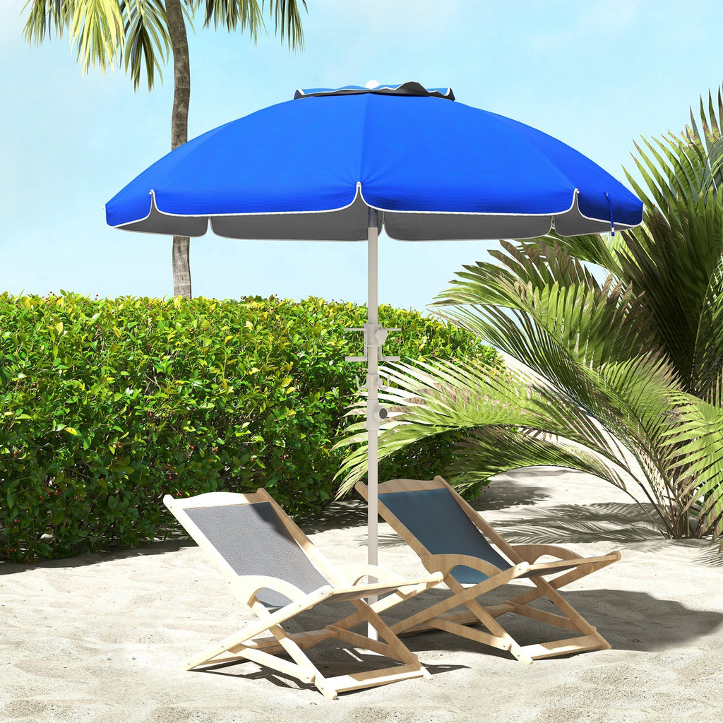 Leoglint 5.7' Portable Beach Umbrella with Tilt, Adjustable Height, 2 Cup Holders & Hooks, UV 40+ Ruffled Outdoor Umbrella with Vented Canopy, Blue