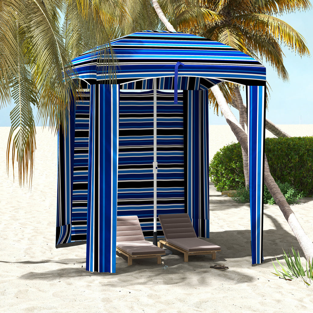 Leoglint 5.9' x 5.9' Portable Beach Outdoor Umbrella, Ruffled Outdoor Cabana with Walls, Vents, Sandbags, Carry Bag, Blue Stripe