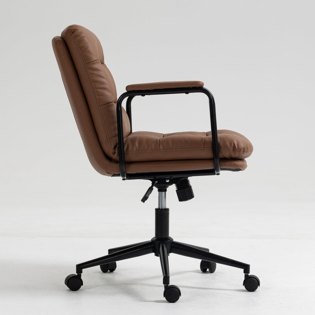 Leoglint Office Chair,Mid Back Home Office Desk Task Chair with Wheels and Arms Ergonomic PU Leather Computer Rolling Swivel Chair with Padded Armrest,The back of the chair can recline 40° (Brown)