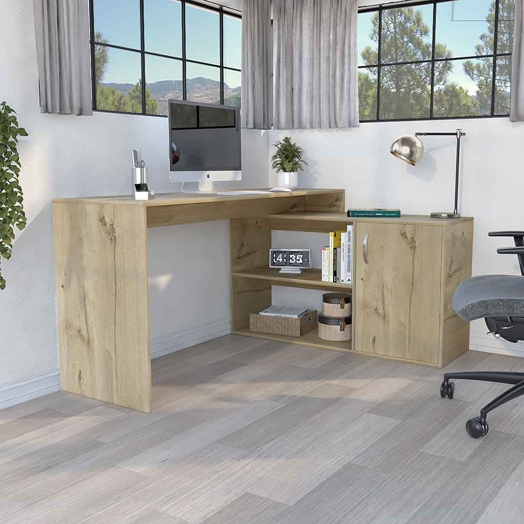 Leoglint Axis Modern L-Shaped Computer Office Desk with Open & Closed Storage -Light Oak