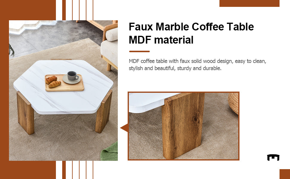 Leoglint Modern practical MDF coffee table with white tabletop and wooden toned legs. Suitable for living rooms and guest rooms.