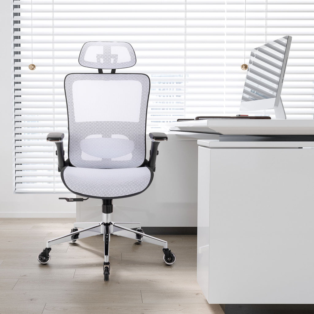 Leoglint WHITE Ergonomic Mesh Office Chair, High Back - Adjustable Headrest with Flip-Up Arms, Tilt and lock Function, Lumbar Support and blade Wheels, KD chrome metal legs