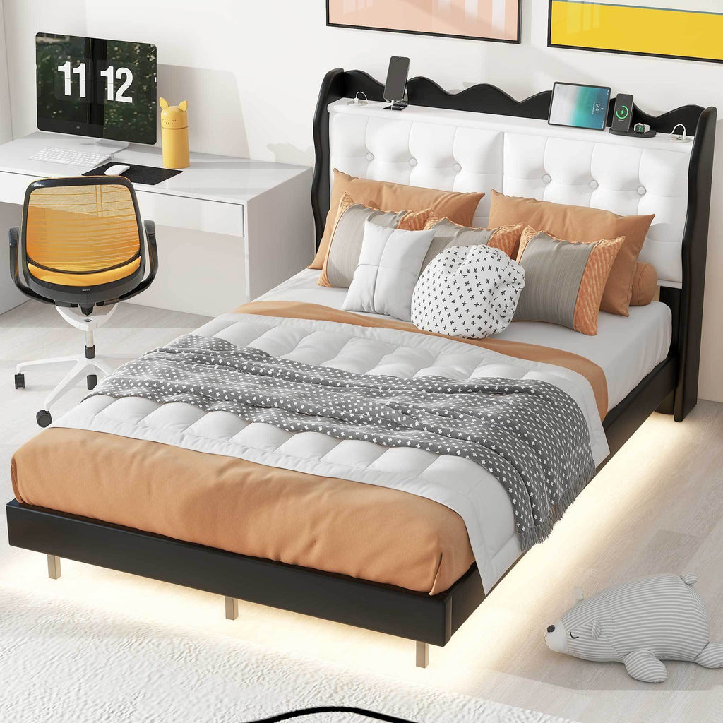 Leoglint Full Size Upholstery Platform Bed Frame with LED Light Strips and Built-in Storage Space,Black