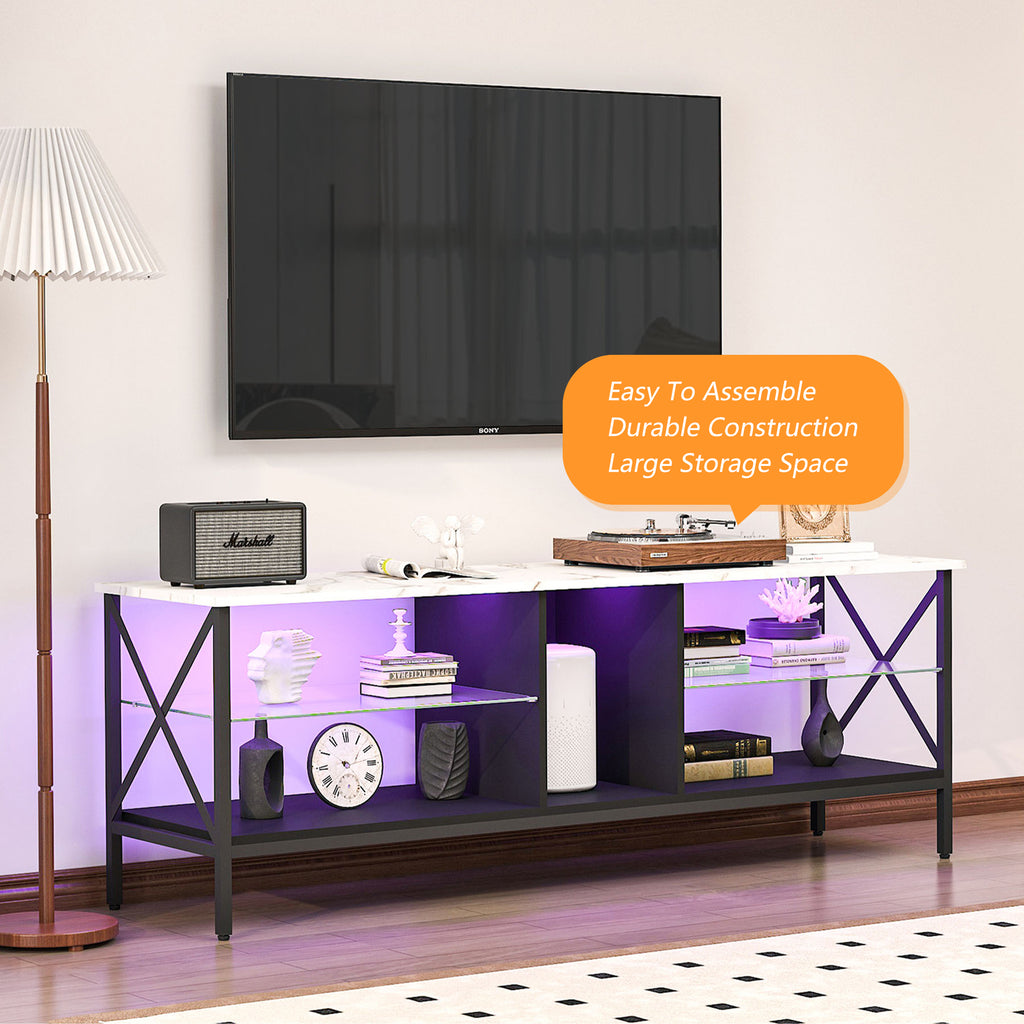 Leoglint TV stand,Iron TV cabinet,entertainment center, TV set, media console, with LED lights, remote control,toughened glass stand,can be placed in the living room, bedroom, color:white with marble texture