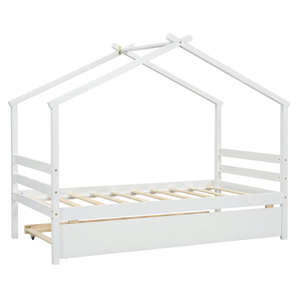 Leoglint Twin Size  House-shaped Bed Frame with Trundle,White