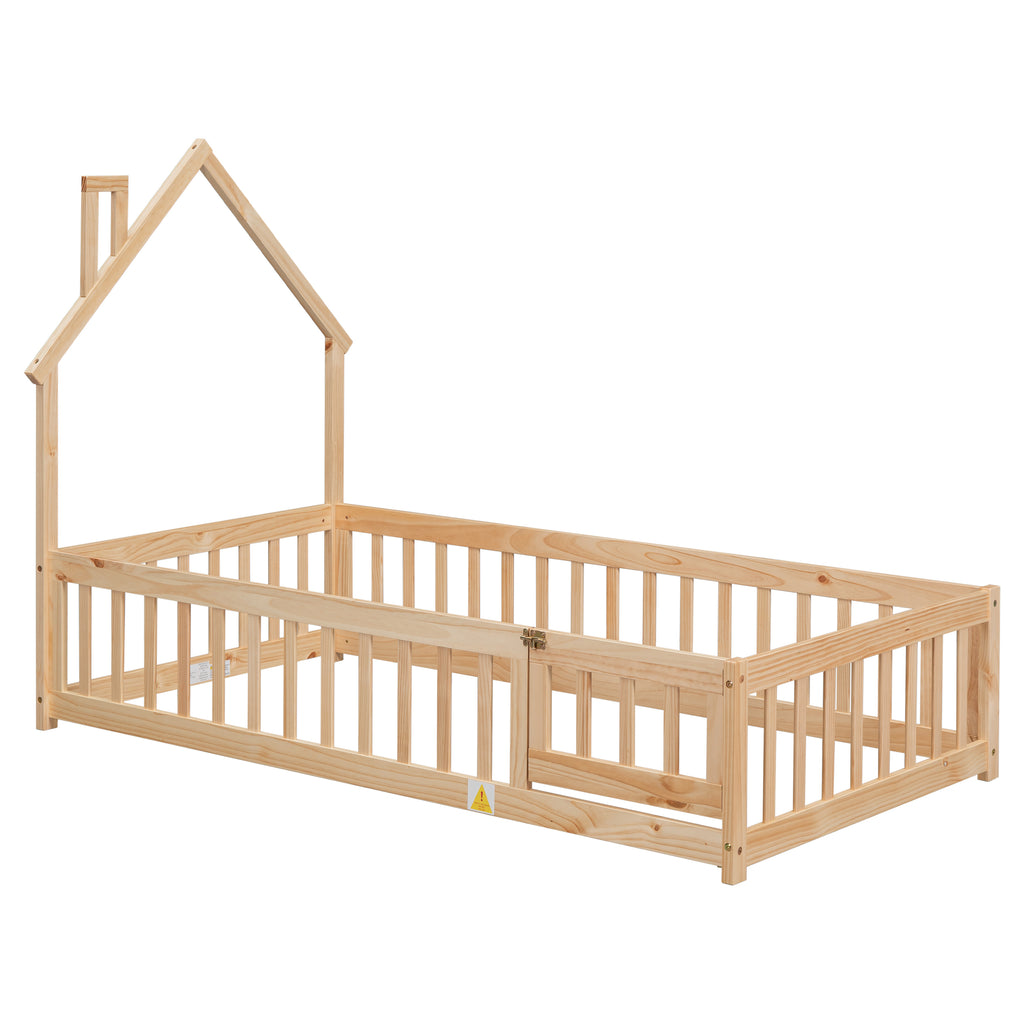 Twin House-Shaped Headboard Floor Bed Frame with Fence,Natural