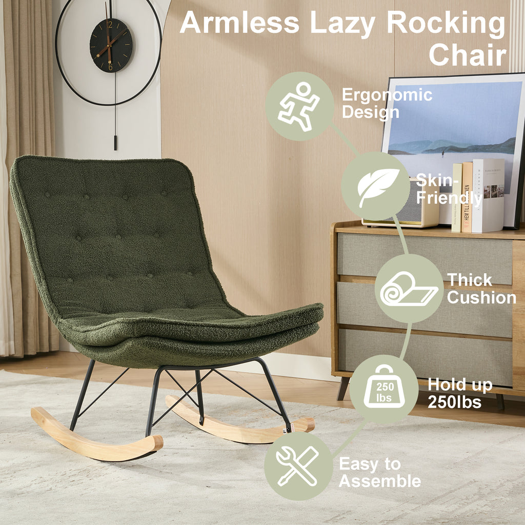 Leoglint Lazy Rocking Outdoor Chair,Comfortable Lounge Chair with Wide Backrest and Seat Wood Base, Upholstered Armless Rocker Chair for Living room, Balcony,Bedroom and Patio Porch. (DARK GREEN)