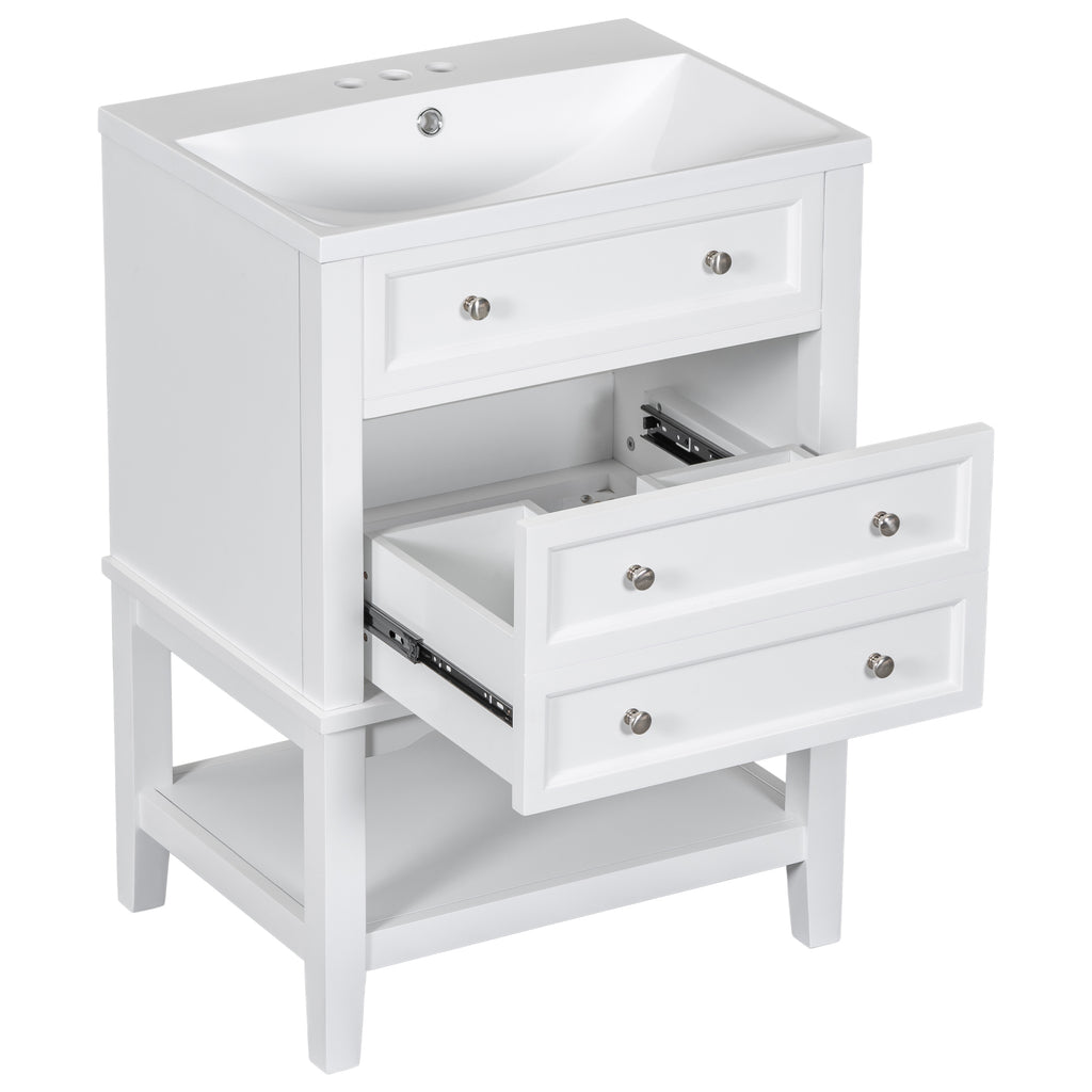 Leoglint 24" Bathroom Vanity With Sink, Bathroom Storage Cabinet with Drawer and Open Shelf, Solid Wood Frame, White