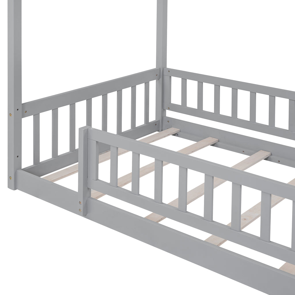 Leoglint Twin Size Wood Bed House Bed Frame with Fence, for Kids, Teens, Girls, Boys, Gray