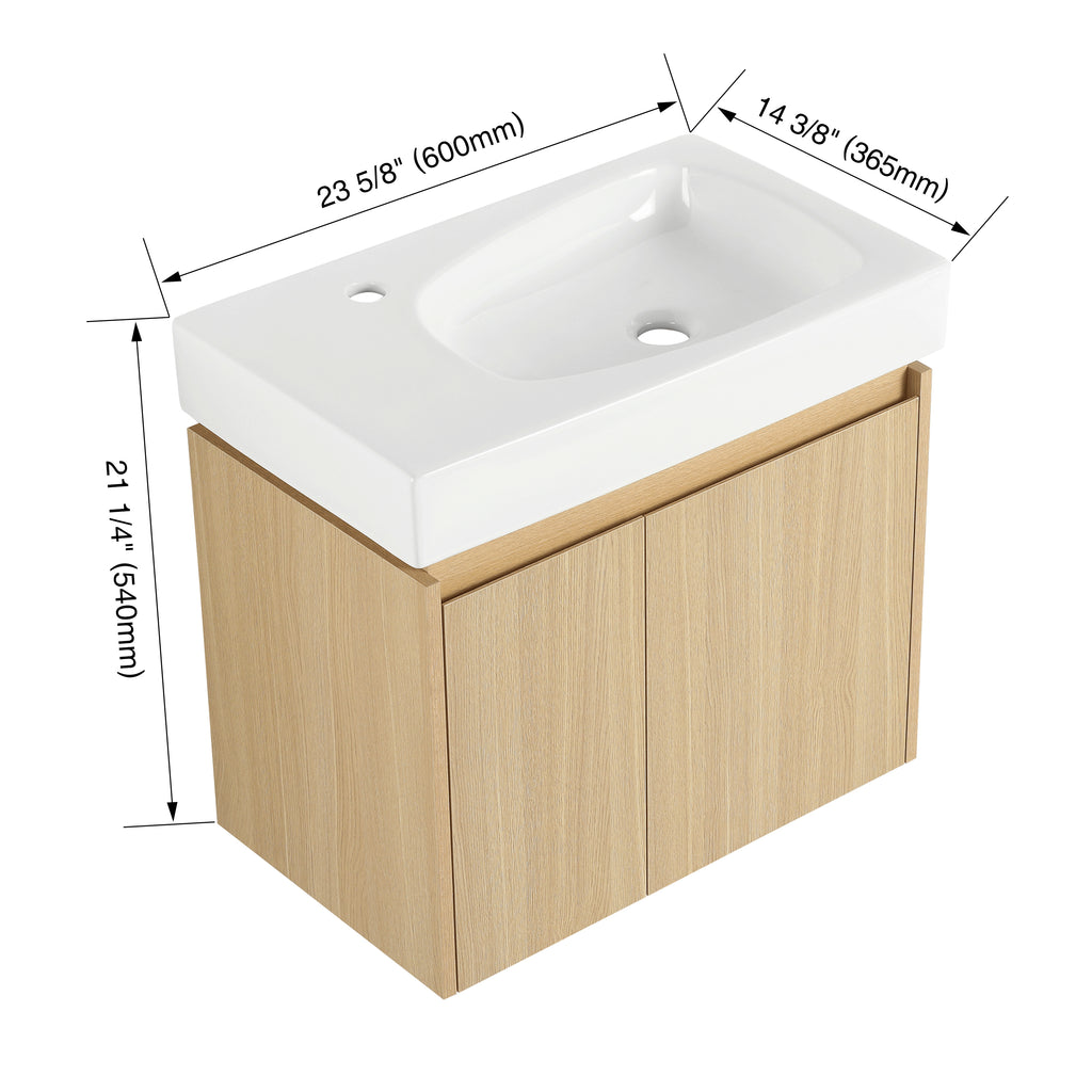 Leoglint 24 Inch Bathroom Vanity with Basin, Wall Mounted Floating Vanity Sink Combo, Wooden Storage Cabinet with Double Doors for Bathroom,Oak