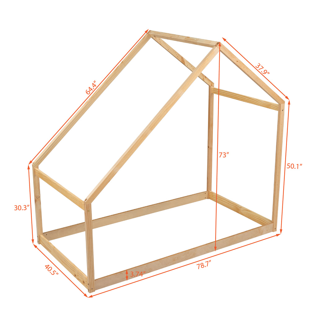 Leoglint Twin Size Wooden House Bed Frame, Natural