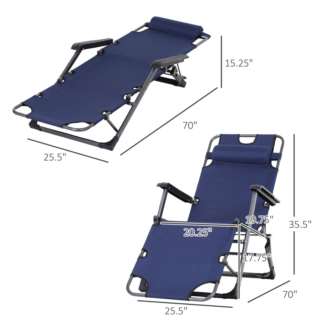 Leoglint Tanning Outdoor Chair, 2-in-1 Beach Lounge Chair & Camping Chair w/ Pillow & Pocket, Adjustable Chaise for Sunbathing Outside, Patio, Poolside, Navy