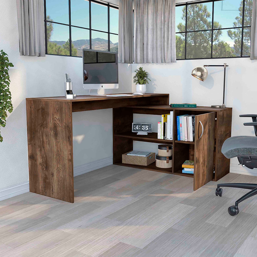 Leoglint Axis Modern L-Shaped Computer Office Desk with Open & Closed Storage -Dark Brown