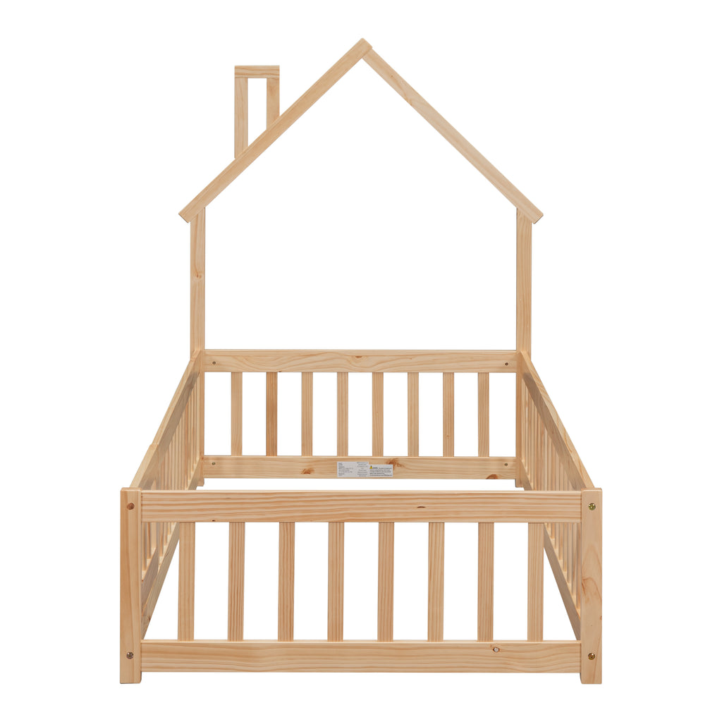 Twin House-Shaped Headboard Floor Bed Frame with Fence,Natural