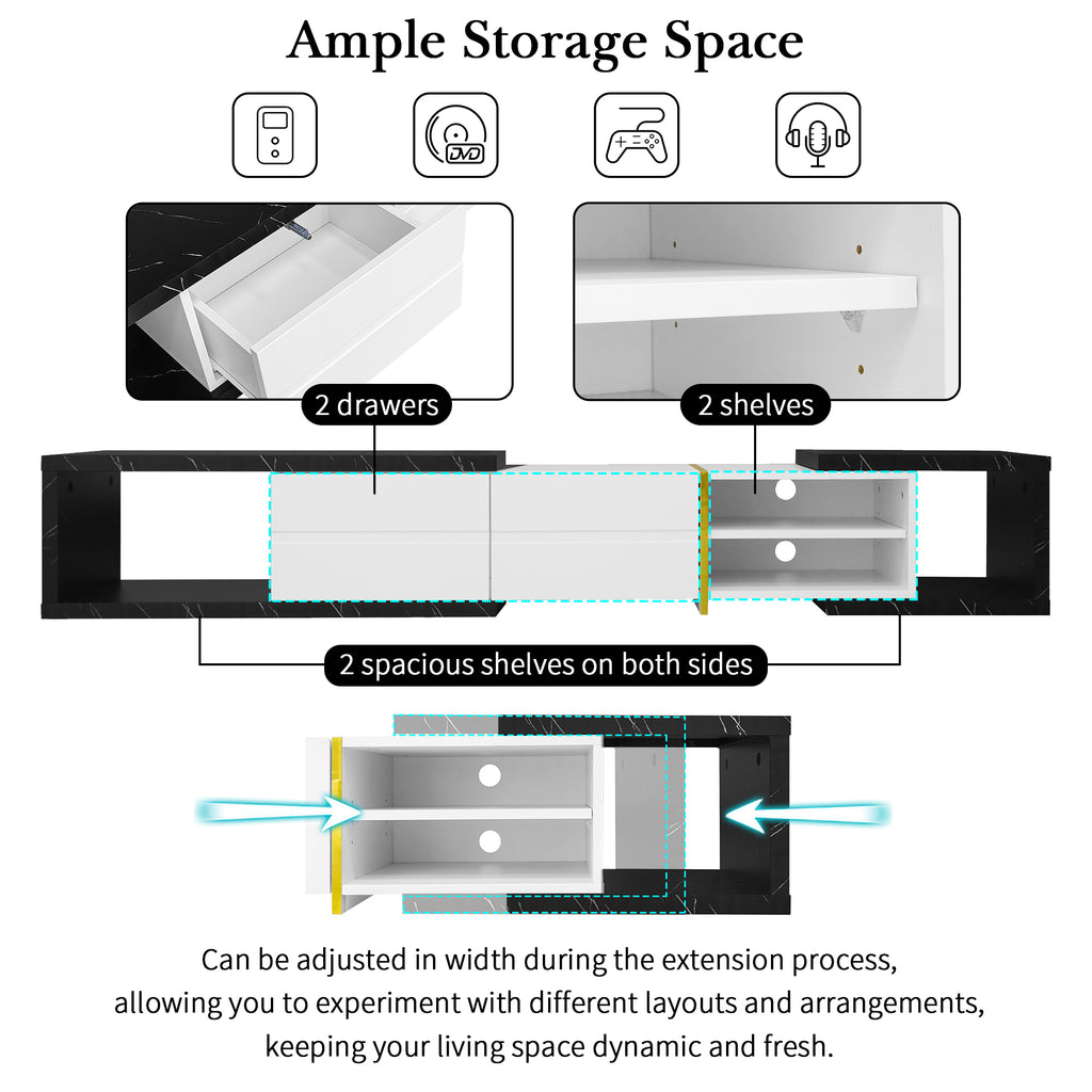 Leoglint U-Can 51''-98.4'' Modern Extendable TV Stand for TVs up to 100 Inches, Entertainment Center Media Console Corner Console with 2 Drawers and 4 Shelves for Living room, Black & White
