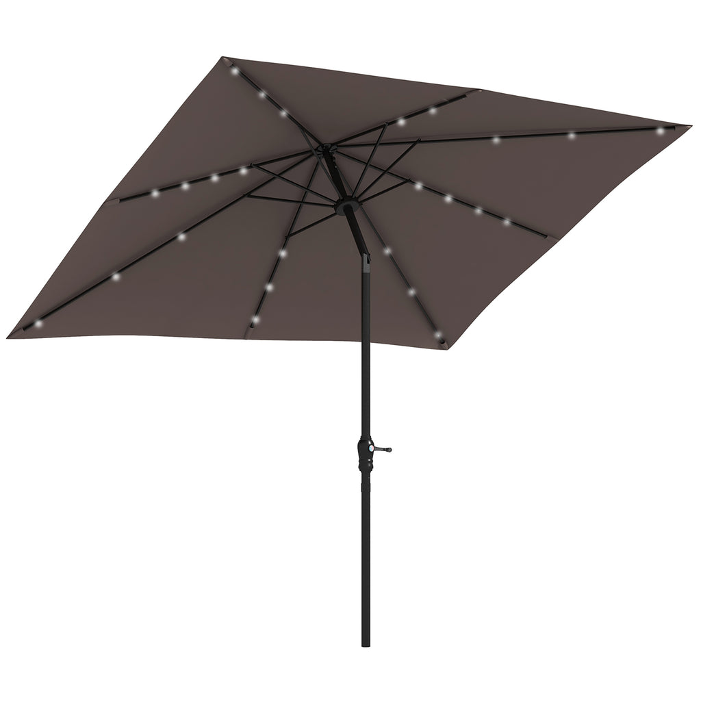 Leoglint 9' x 7' Solar Umbrella, LED Lighted Patio Umbrella for Table or Base with Tilt & Crank, Outdoor Umbrella for Garden, Deck, Backyard, Pool, Beach, Tan