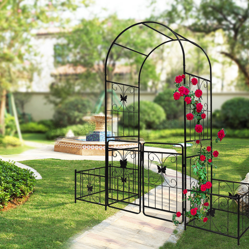 Leoglint Metal Garden Trellis with Gate 79.5'' Wide x 86.6'' High Climbing Plants Support Rose Arch Outdoor Black