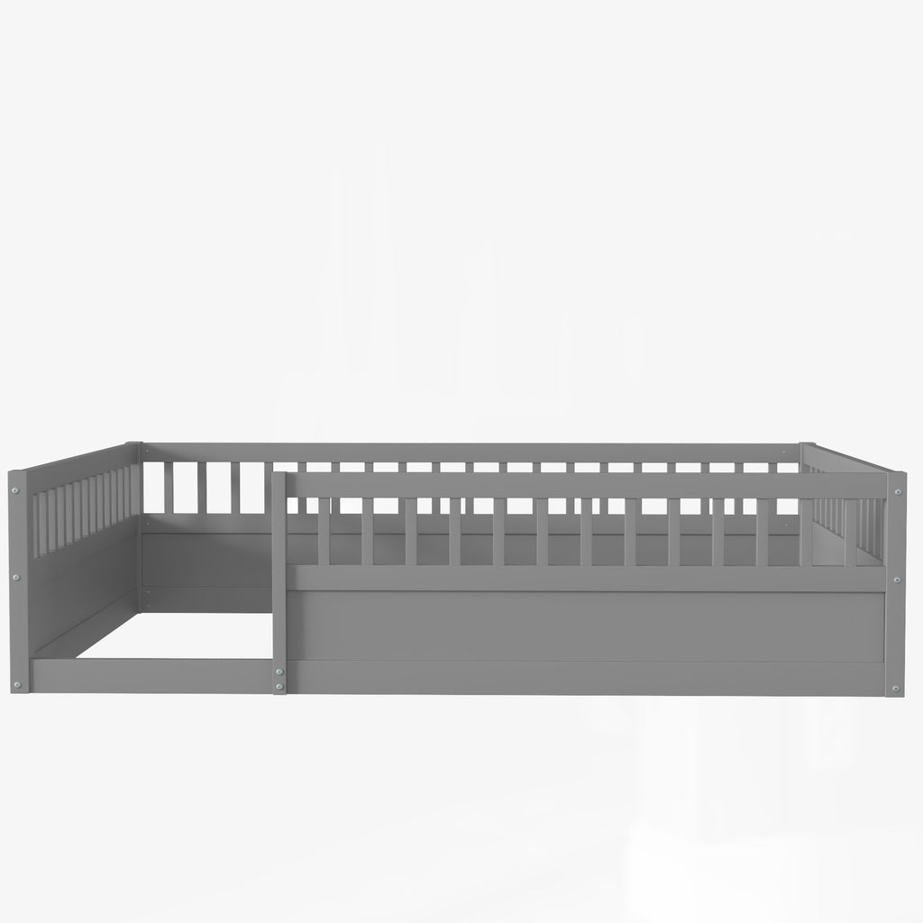 Leoglint Full Floor Bed Frame with Fence, Wood Kids Floor Beds Frame for Bedroom Playroom,Gray(Expect arrive date Jul. 10th)