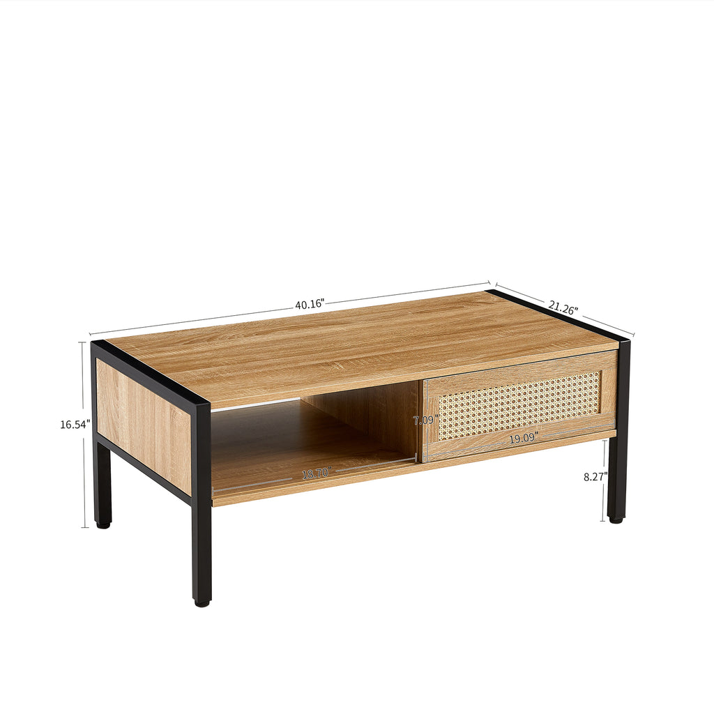 Leoglint 40.16" Rattan Coffee table, sliding door for storage, metal legs, Modern table  for living room , natural