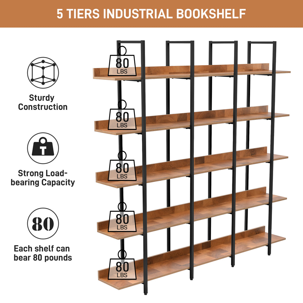 Leoglint 5 Tier Bookcase Home Office Open Bookshelf, Vintage Industrial Style Shelf, MDF Board, Black Metal Frame, Brown