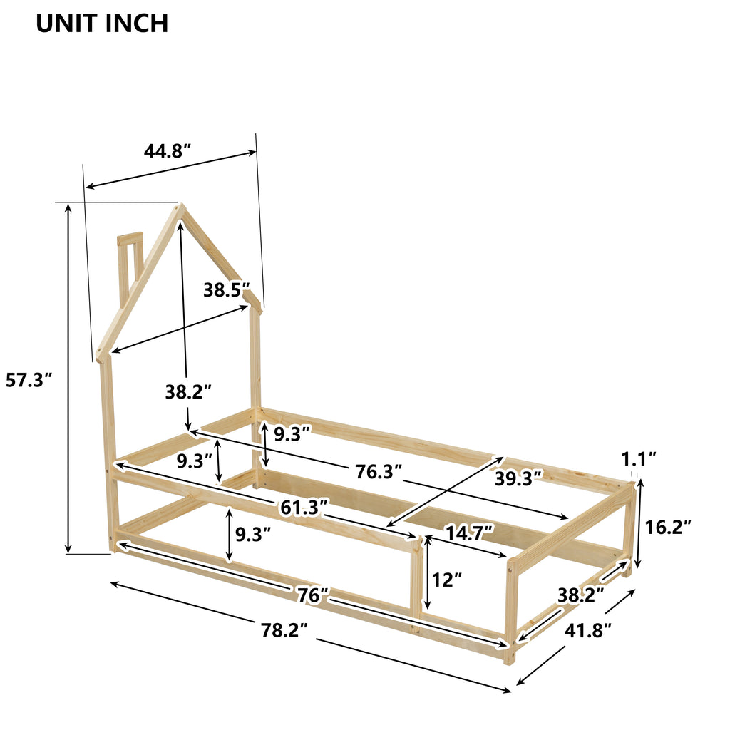 Twin Size Wood bed Frame with House-shaped Headboard Floor bed with Fences,Natural