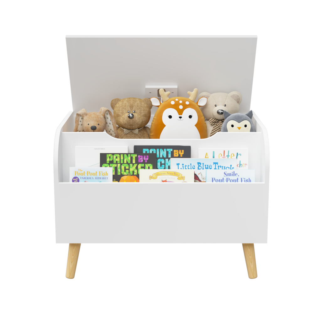 Leoglint Wooden Toy Box, Kids Toy Storage Organizer with Front Bookshelf, Flip-Top Lid, Safety Hinge, Boys Girls Toy Chest Bench for Playroom Kids Room Organization (White)