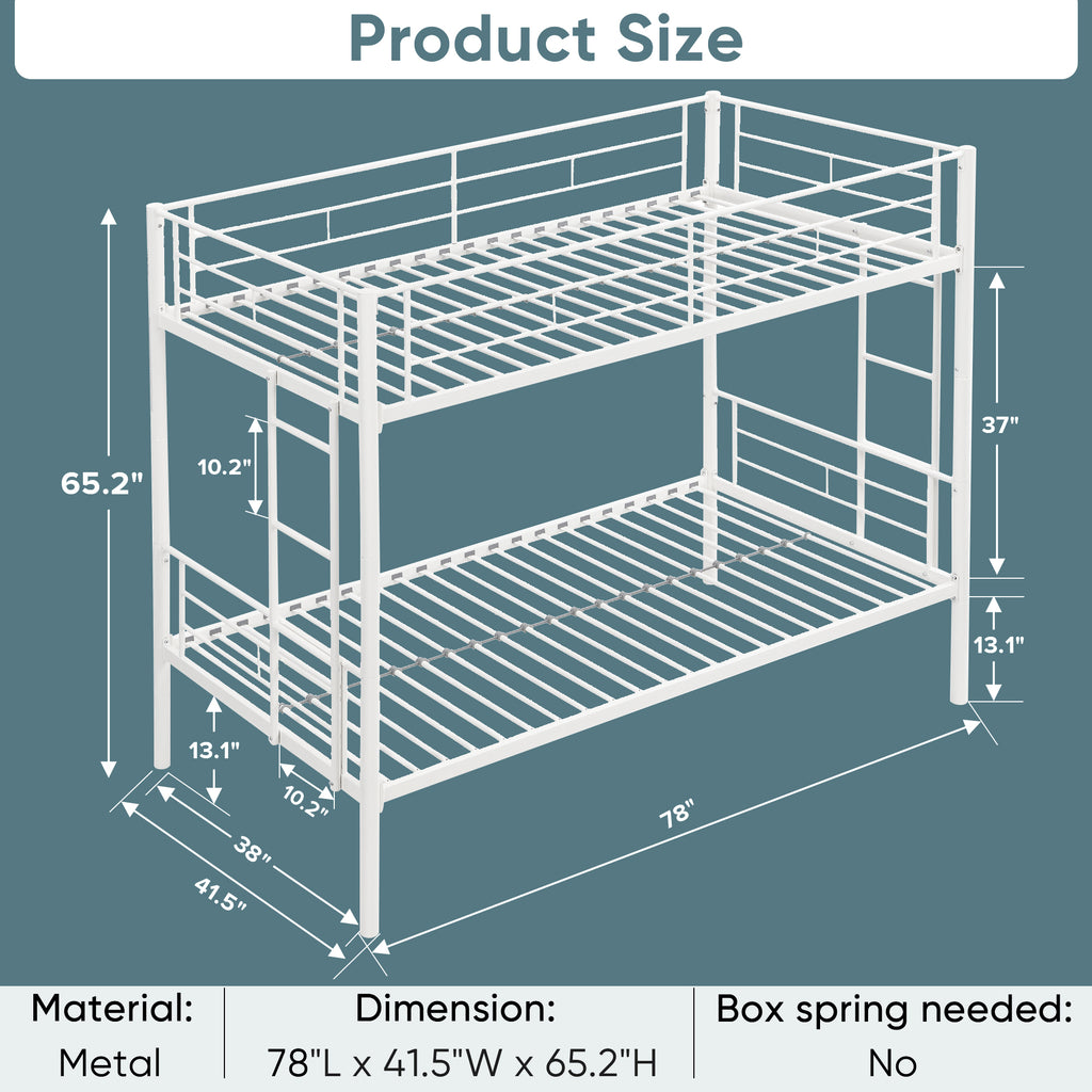 Leoglint Twin Over Twin Metal Bunk Bed Frame,Metal Structure Bedframe with Safety Guardrails and 2 ladders,Convertible Bunkbeds,No Spring Box Required and Space Saving Design,White