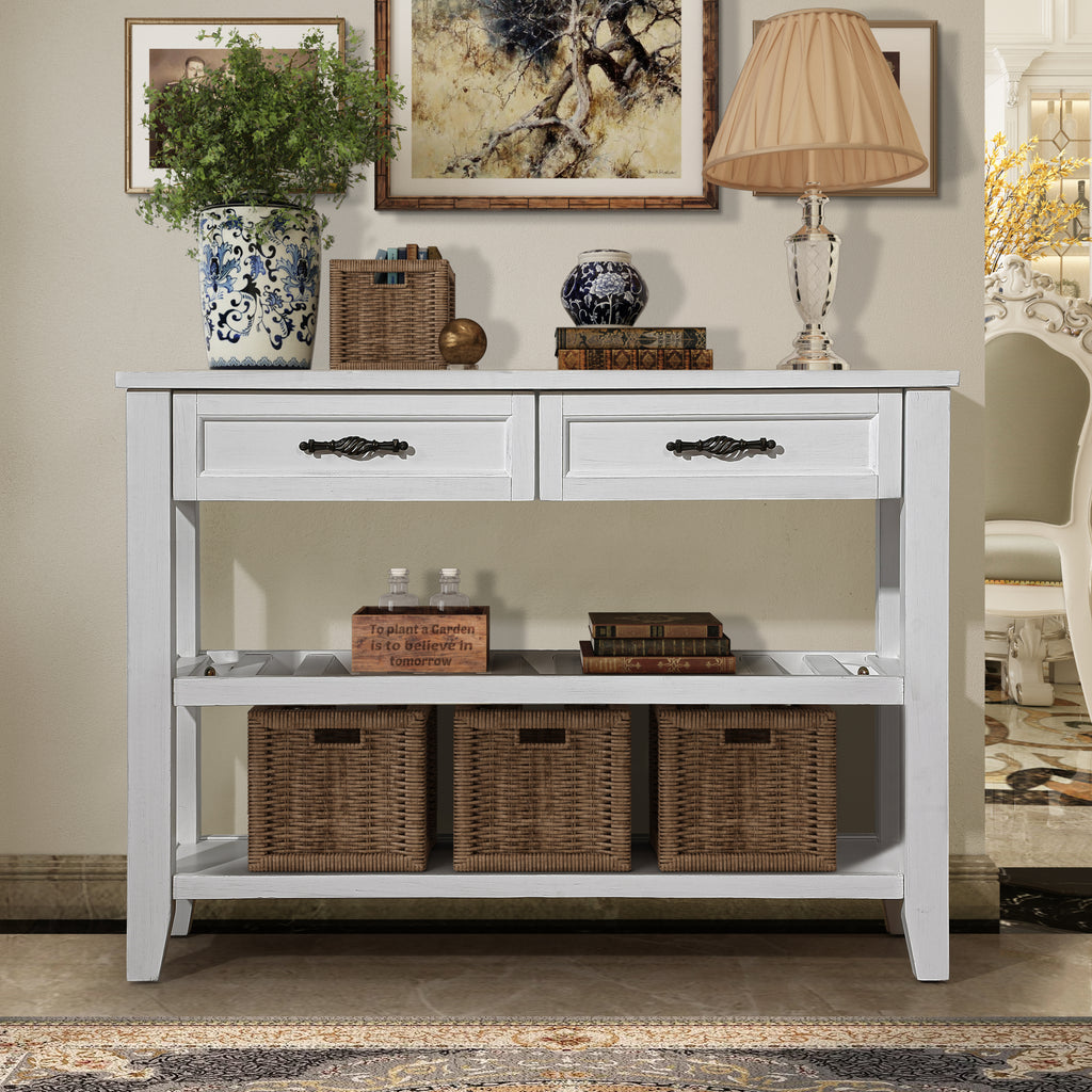 Leoglint Console Sofa Table with 2 Storage Drawers and 2 Tiers Shelves, Mid-Century Style 42'' Solid Wood Buffet Sideboard for Living Room Furniture Kitchen Dining Room Entryway Hallway, Antique White