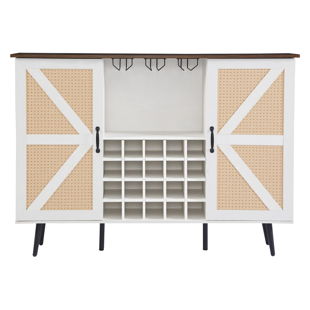 Leoglint Sideboard White Faux Rattan Barn Door Wine Cabinet with Wine Rack and Wine Glass Rack, Double Door Design with Removable Shelves, Rustic Wood Storage Cabinet