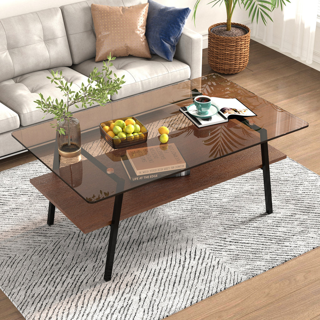 Leoglint Rectangle Coffee Table, Tempered Glass Tabletop with Black Metal Legs, Modern Table for Living Room , Brown Glass