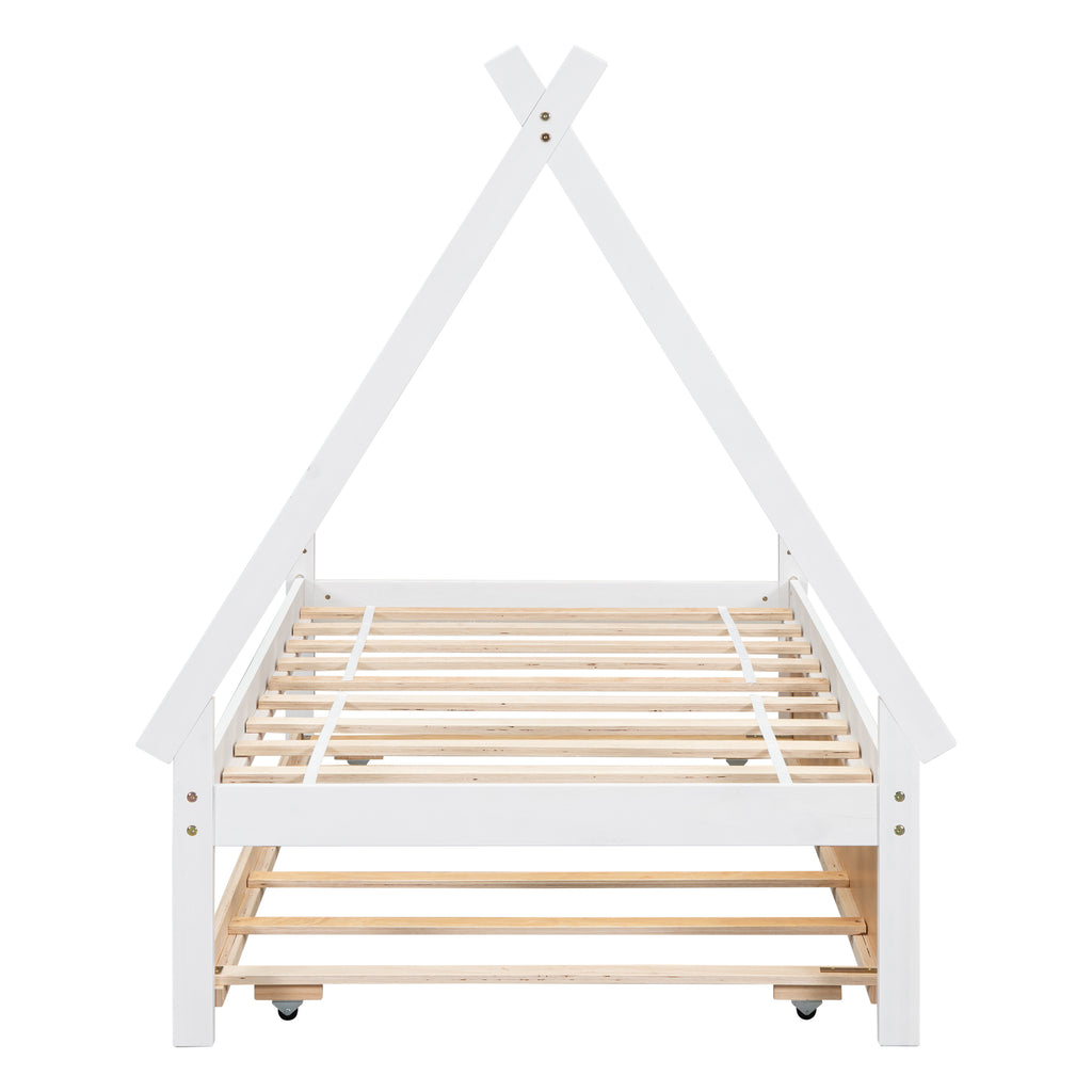 Leoglint Twin size Tent Floor Bed Frame, Teepee Bed, with Trundle,White