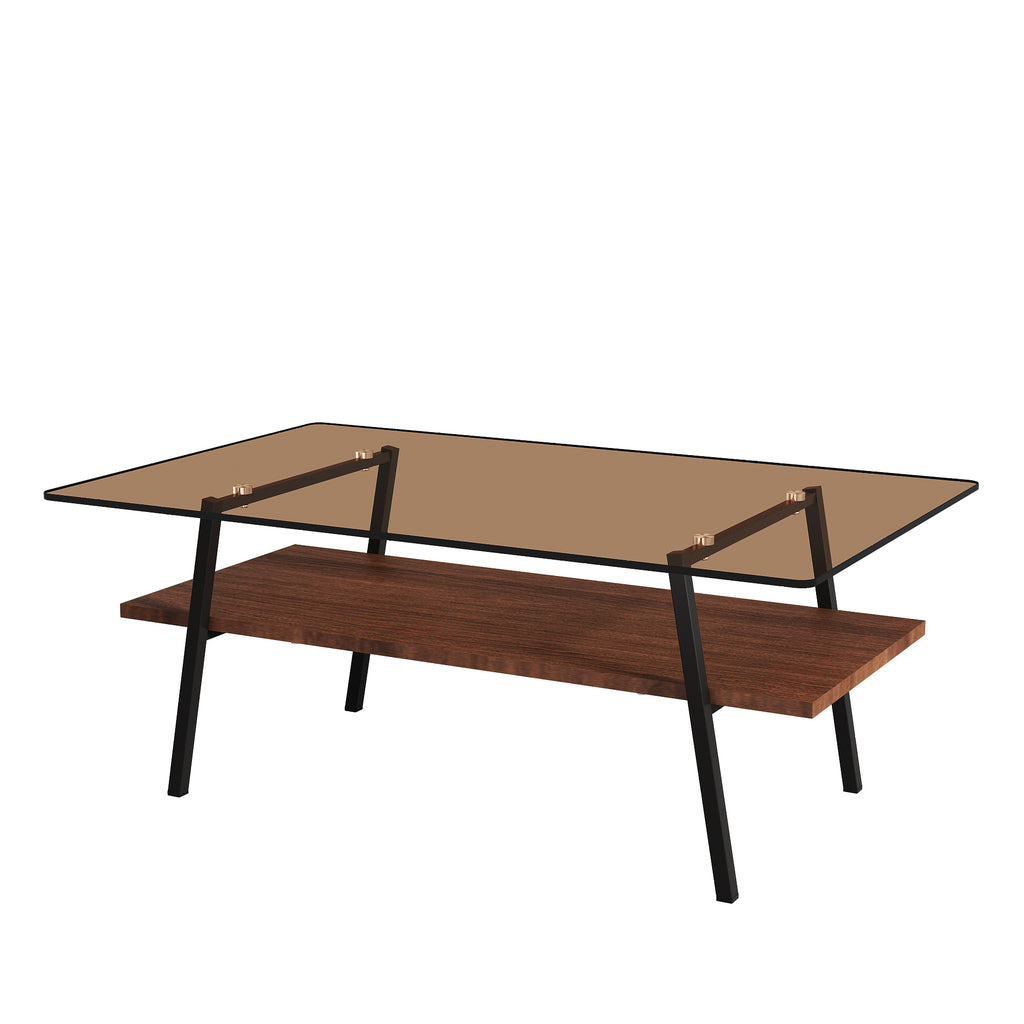 Leoglint Rectangle Coffee Table, Tempered Glass Tabletop with Black Metal Legs, Modern Table for Living Room , Brown Glass