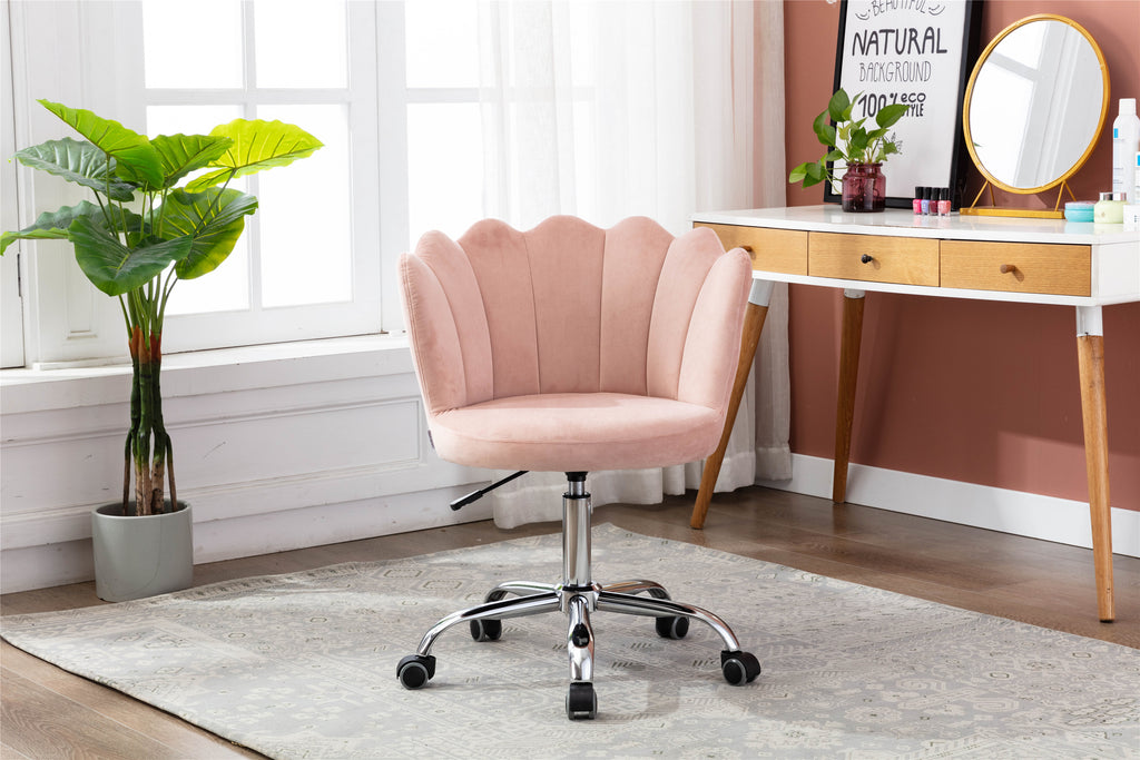 Leoglint COOLMORE Velvet Home Office Chair with silver Base, Modern Cute Shell Back Upholstered Desk Chair for Vanity, Adjustable Swivel Task Chair for Office (Pink Velvet)