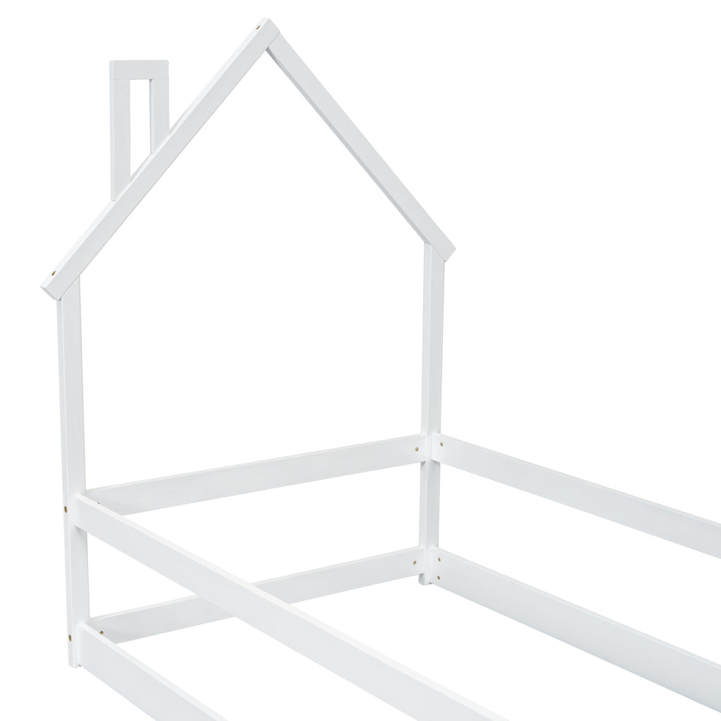 Leoglint Twin Size Wood bed frame with House-shaped Headboard Floor bed with Fences,White