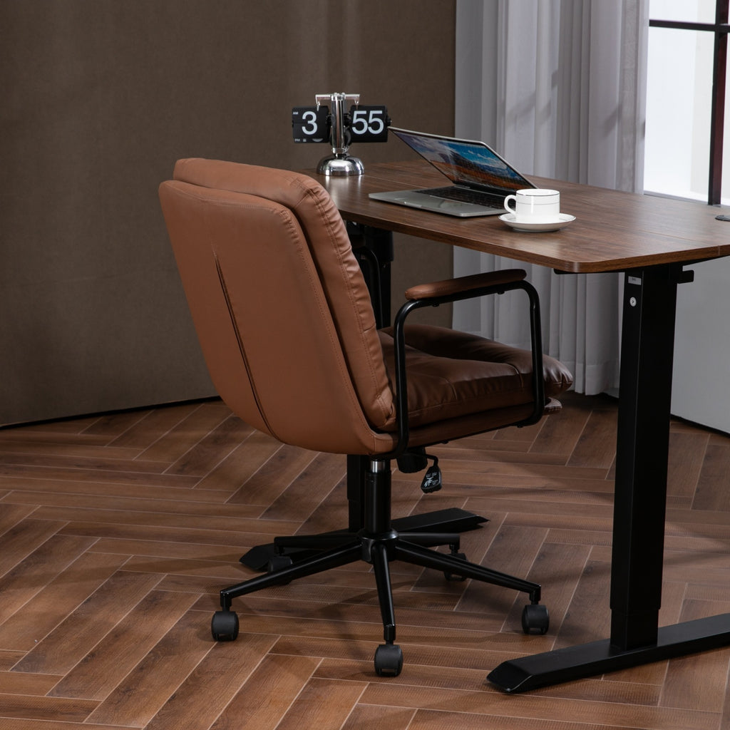 Leoglint Office Chair,Mid Back Home Office Desk Task Chair with Wheels and Arms Ergonomic PU Leather Computer Rolling Swivel Chair with Padded Armrest,The back of the chair can recline 40° (Brown)