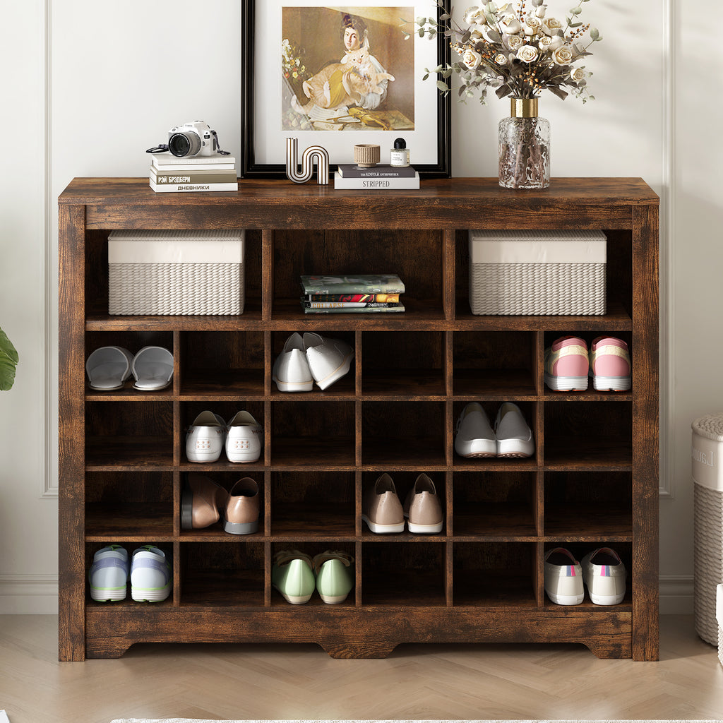 Leoglint ON-TREND Sleek Design 24 Shoe Cubby Console, Modern Shoe Cabinet with Curved Base, Versatile Sideboard with High-quality for Hallway, Bedroom, Living Room, Rustic Brown