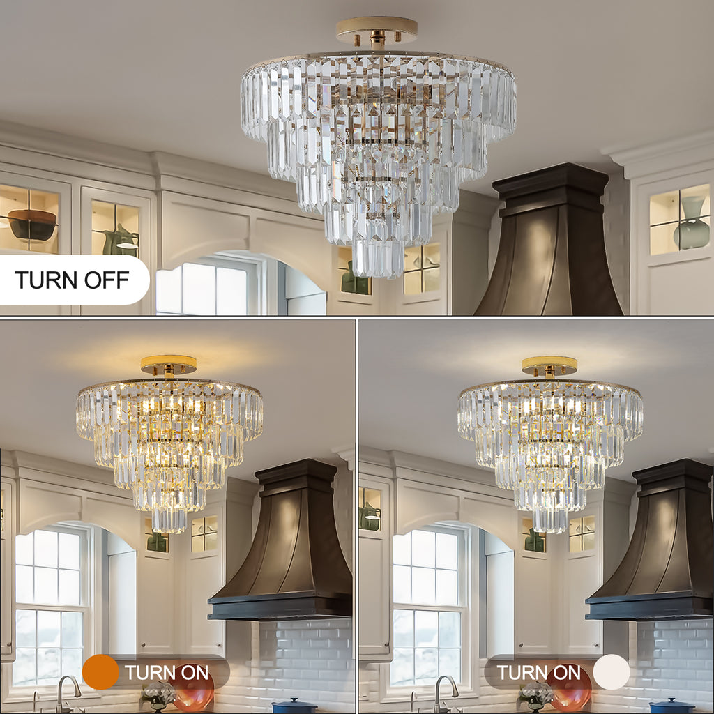 Leoglint Pendant Gold Crystal Chandeliers,5-Tier Round Semi Flush Mount Chandelier Light Fixture,Large Contemporary Luxury Ceiling Lighting for Living Room Dining Room Bedroom Hallway