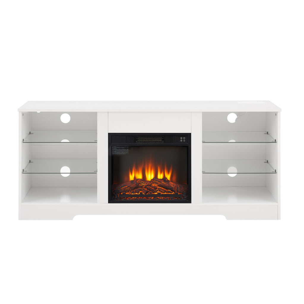 Leoglint TV Stand Electric Fireplace TV Stand with Glass Shelves, 3D Fireplace TV Stand with LED Lights Wood with USB Charging Outlet Modern Television Table Center for TV up to 32-62" White 58''W*15.5''D*24.4