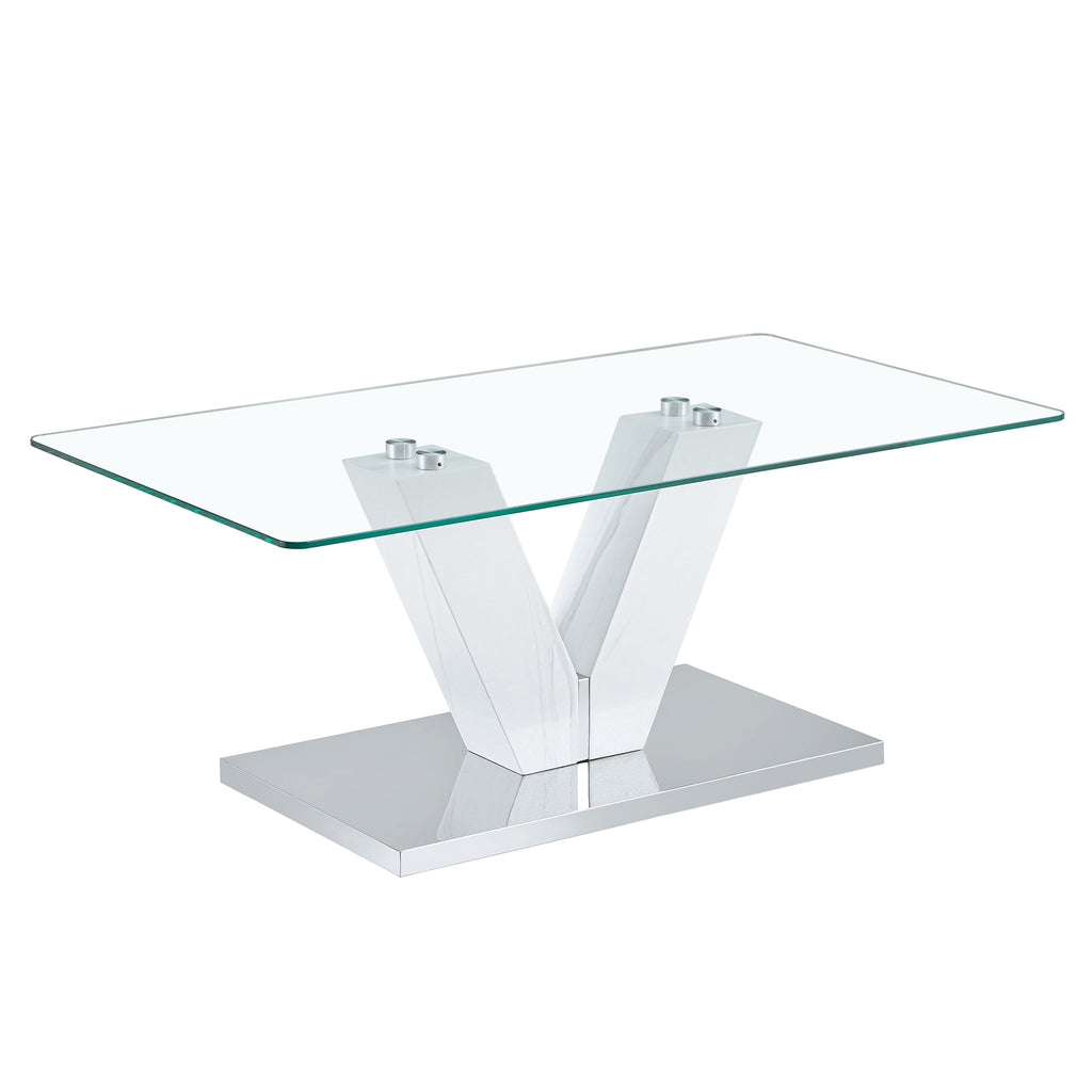 Leoglint Modern minimalist coffee table. Transparent tempered glass tabletop with silver MDF pillars. Suitable for living room and dining room