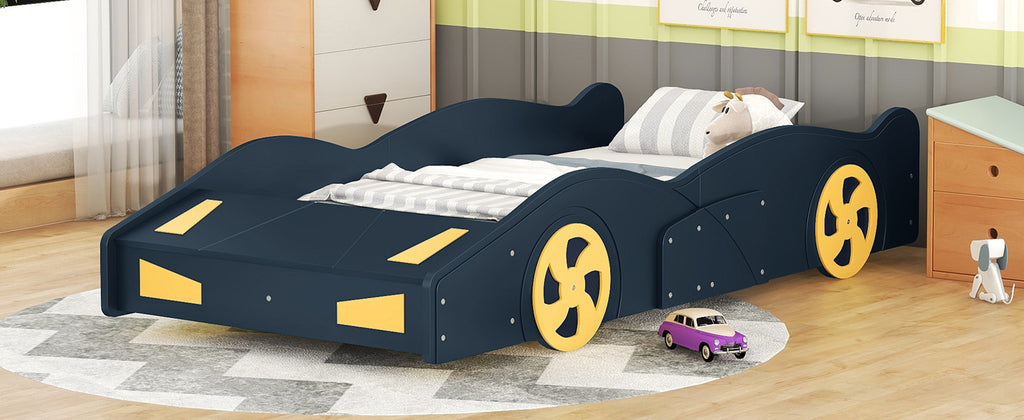 Leoglint Twin Size Race Car-Shaped Platform Bed Frame with Wheels and Storage, Dark Blue+Yellow