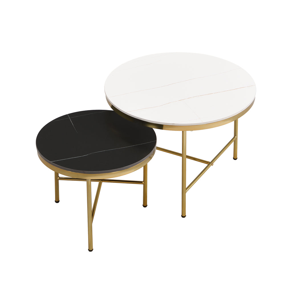 Leoglint Modern Round Nesting Coffee Table Set 2-Piece Black & White Sintered Stone Top Gold Base in 23.6''&17.7''