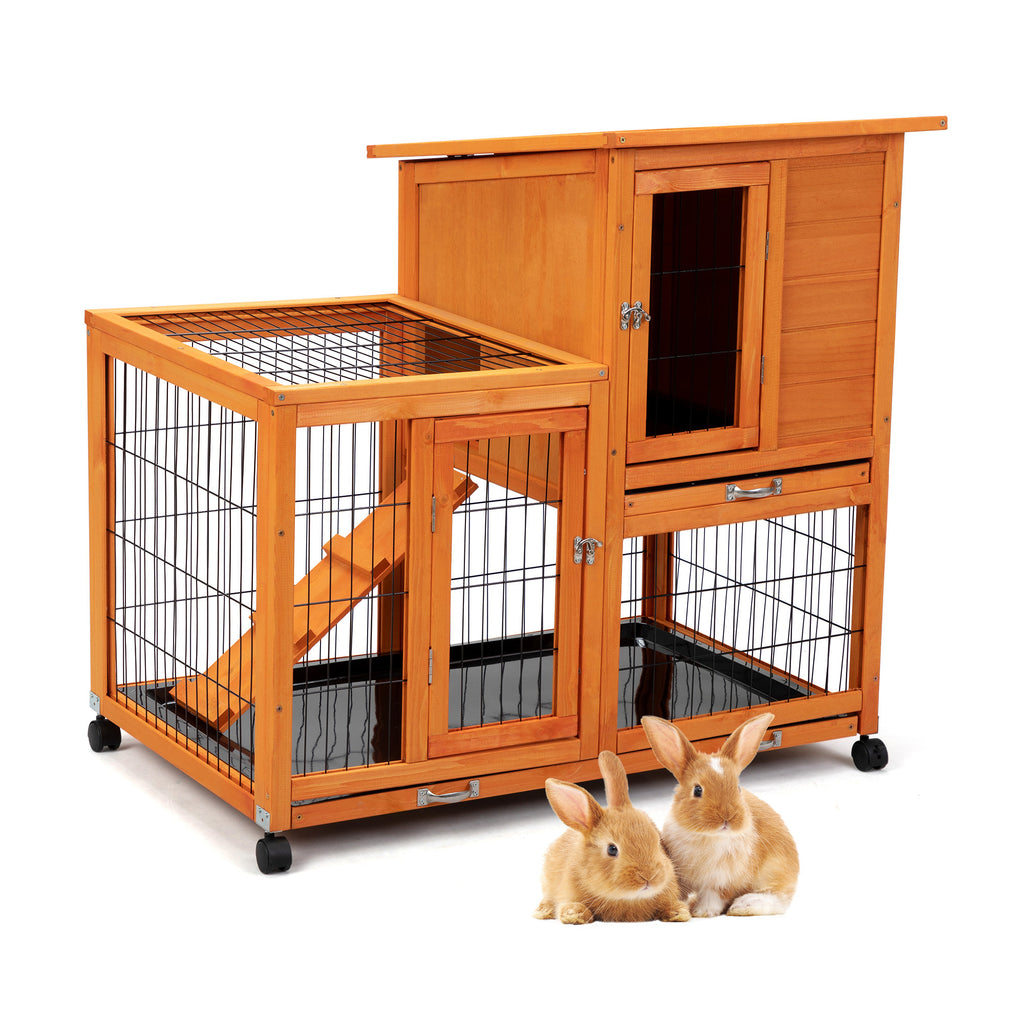 Leoglint Detachable Rabbit Hutch with Removable Tray and Rolling Casters, Orange