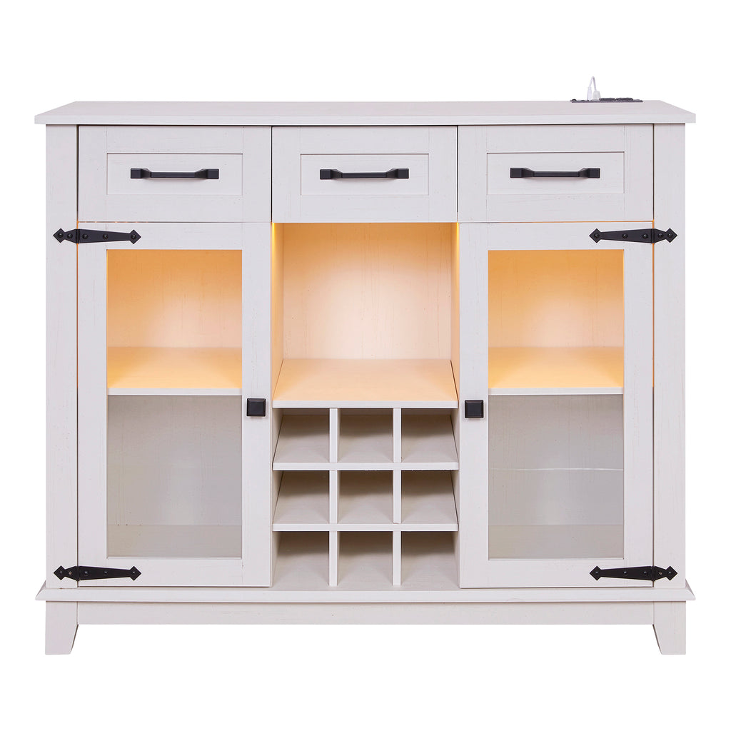 Leoglint 42" Modern Farmhouse Sideboard Buffet Coffee Bar Cabinet Storage Cabinet with LED Charging Station, Wine & Glass Rack,3 Drawers, for Kitchen, Dining Room, Living Room Antique White